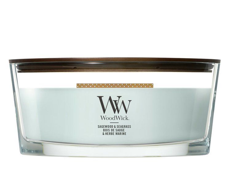 Ароматична свічка з нотами океану та кедра Woodwick Ellipse Sagewood & Seagrass 453 г